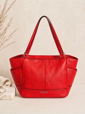 Coach Red Leather Tote Bag structured Shoulder Bag pebble leather
